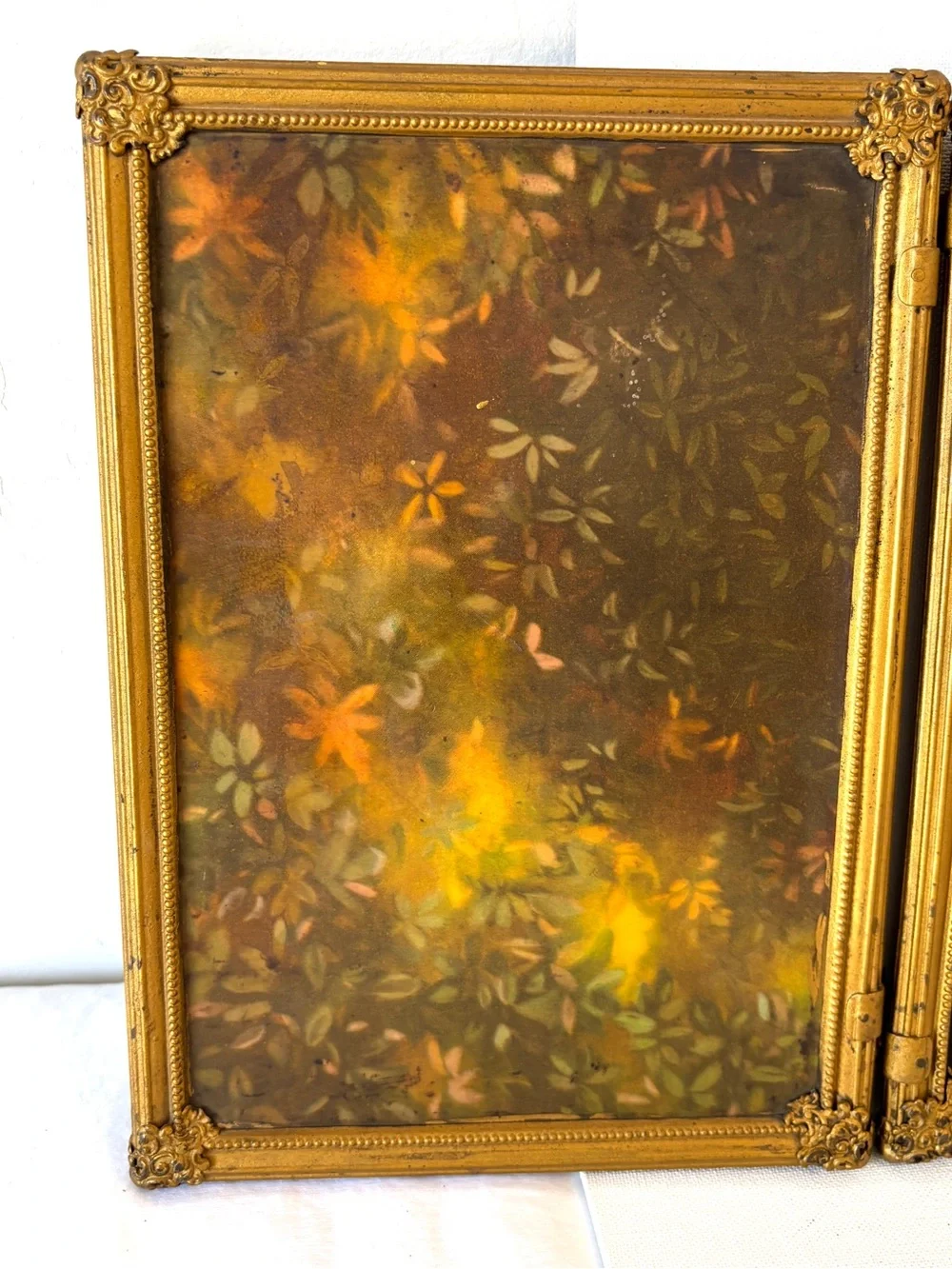 Mirror: Antique Victorian Beveled Tri-Fold Hanging Brass Indian Floral Wall Art